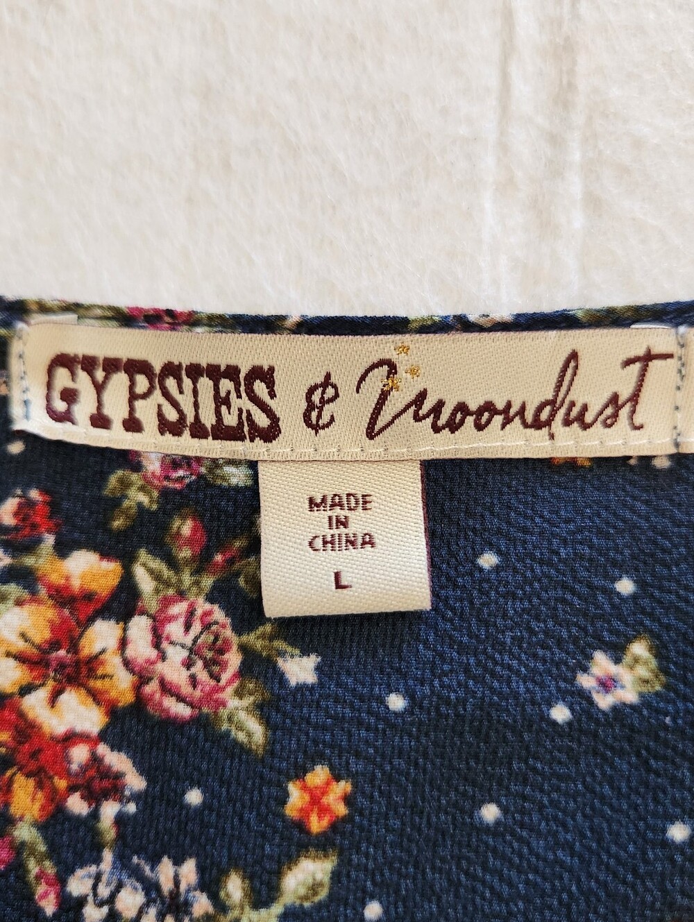Gypsies & Moondust Navy Floral Ruched Drawstring Blouse Flared Cuff Size Large - Picture 2 of 9
